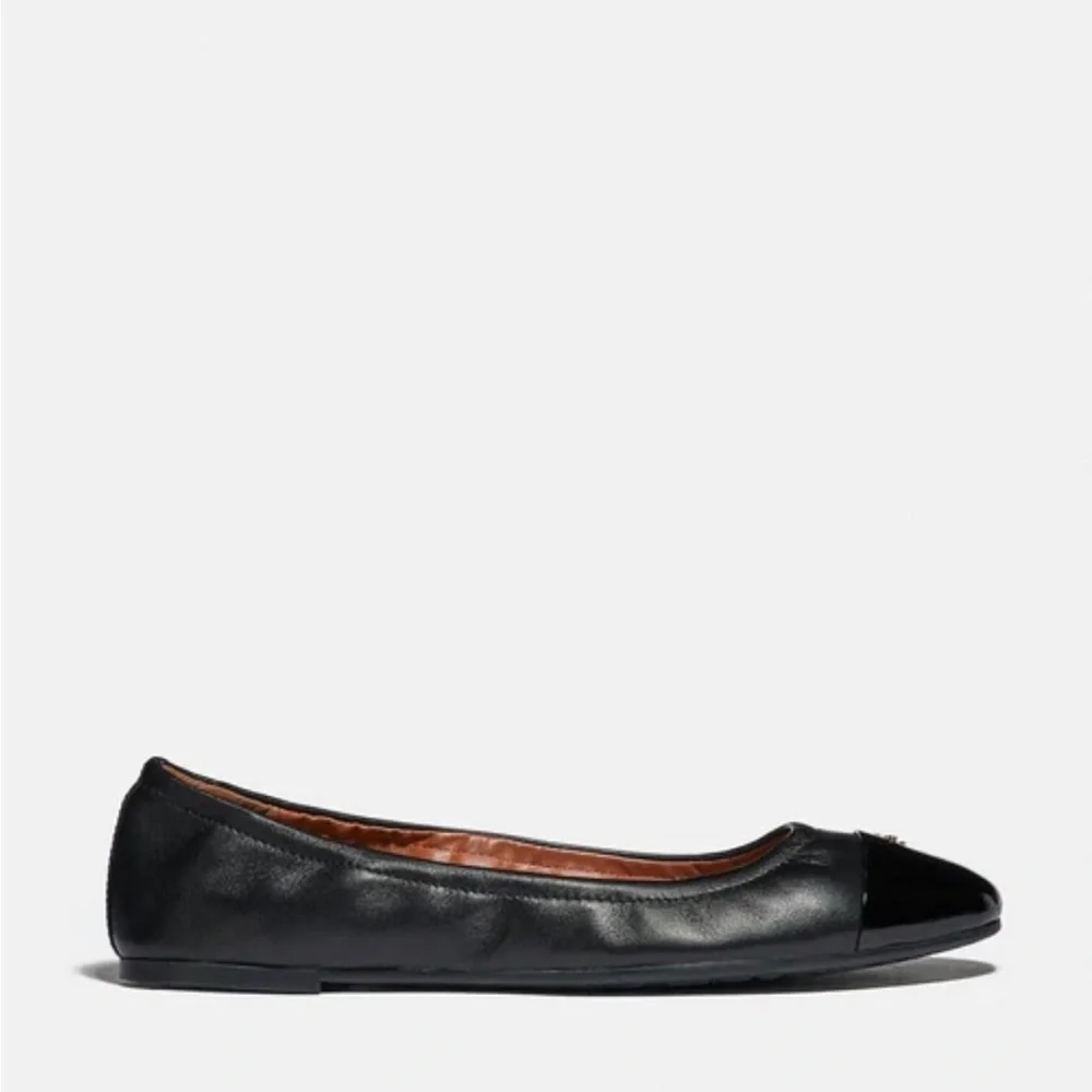 BNIB Coach Bonnie Black Leather Ballet Flat with Patent Leather Cap Toe, 7.5 - Picture 2 of 3